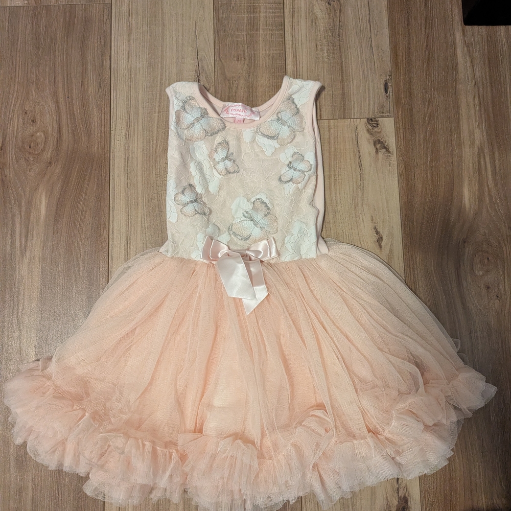Popatu Peach and White Floral Kids Formal Dress